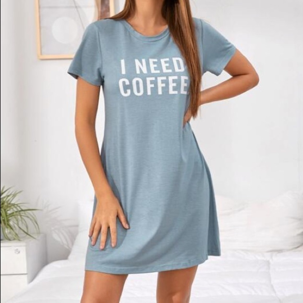 New Teal T-shirt Nightgown I Need Coffee - Picture 4 of 6